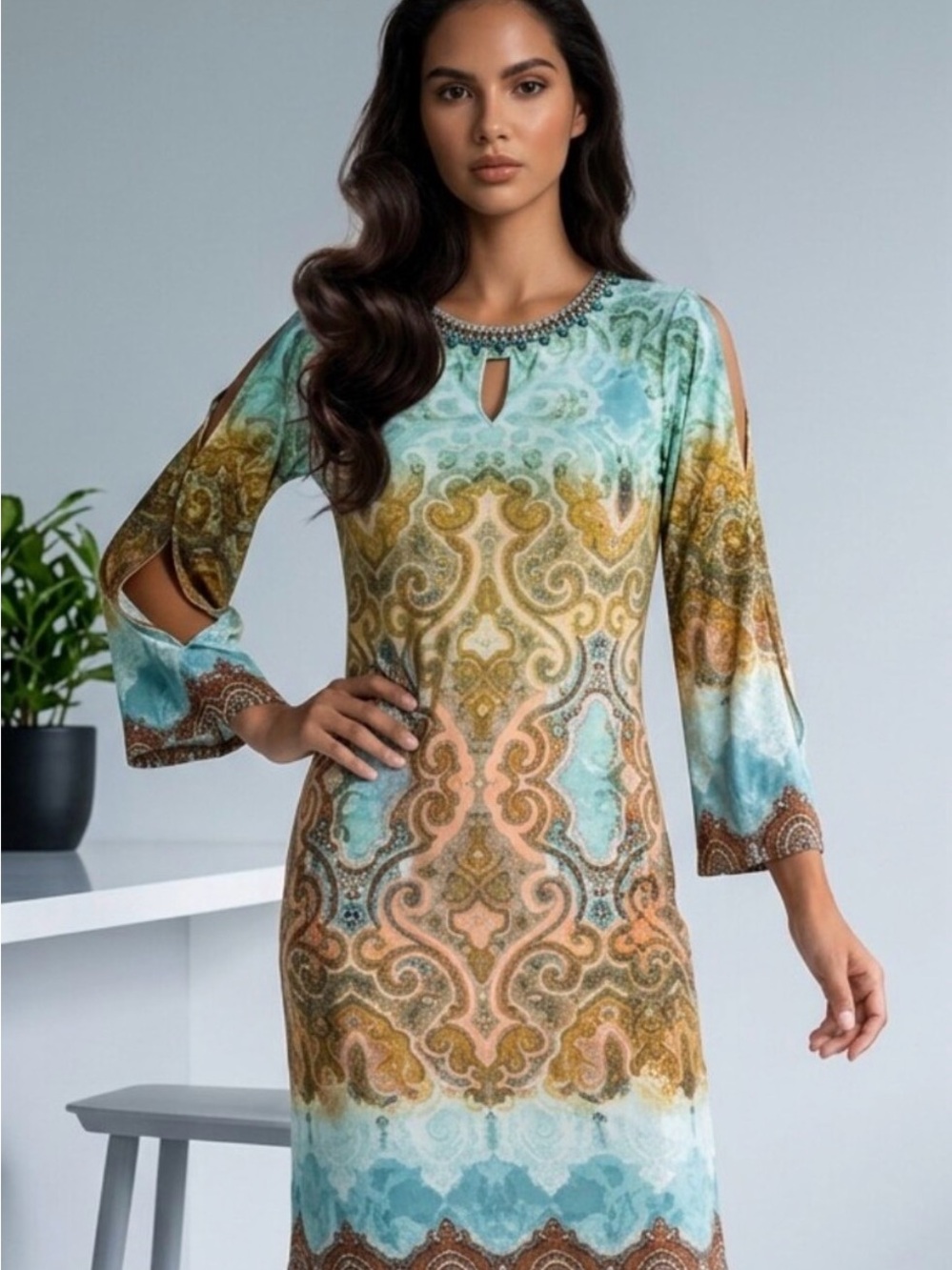 Chico’s Shift Dress Beaded Slit Bell Sleeve Teal Brown Paisley Pattern Size 3/XL